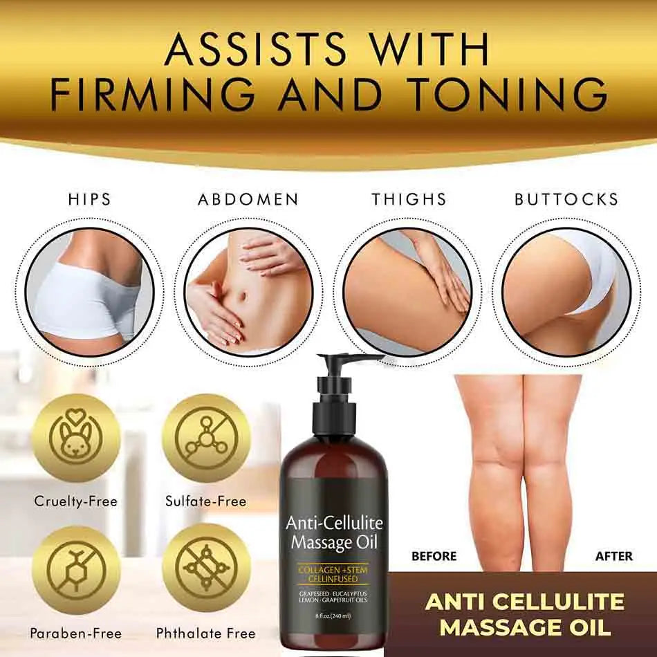 Revitalize Your Skin with Our 240ml Anti-Cellulite Massage Oil - Infused with Collagen and Stem Cells for Firm, Smooth, and Youthful Skin