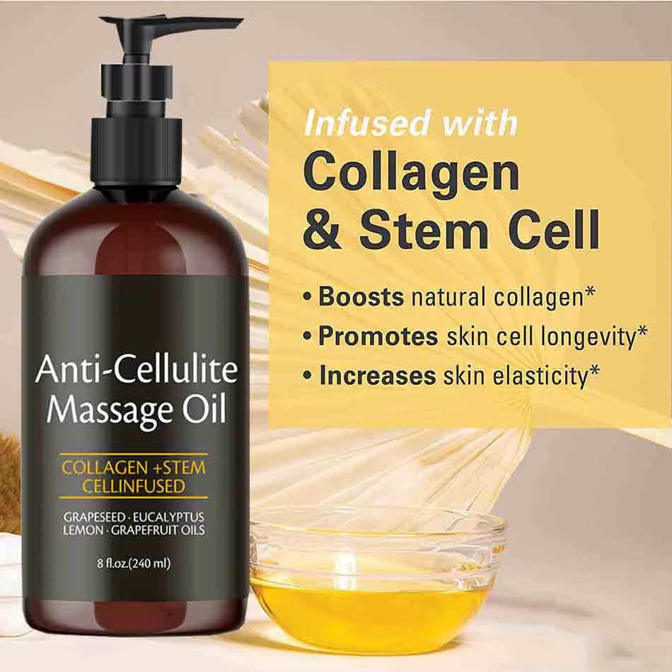 Revitalize Your Skin with Our 240ml Anti-Cellulite Massage Oil - Infused with Collagen and Stem Cells for Firm, Smooth, and Youthful Skin